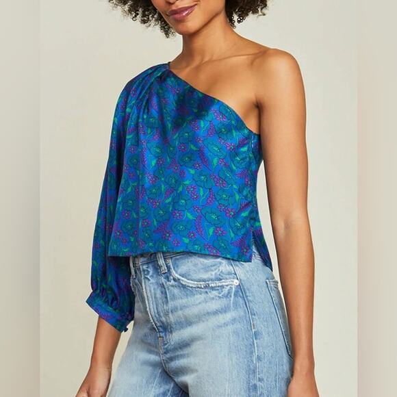 Veronica Beard Blue Silk Cobalt Floral One Shoulder Lyric Relaxed Fit Blouse 2 - Picture 1 of 8
